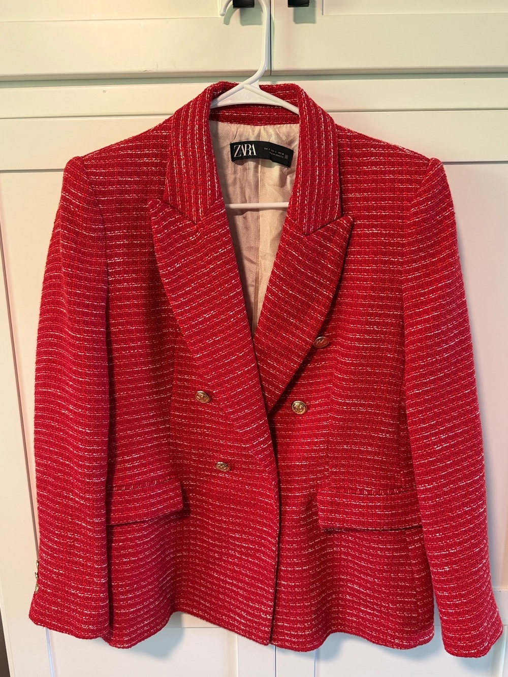 Zara Red Tweed Double-Breasted Blazer with Gold Buttons - Picture 3 of 16